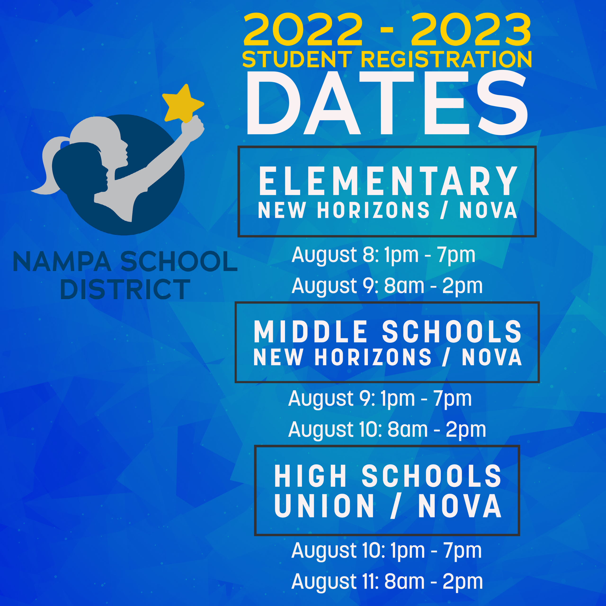 List of registration dates and times on a blue background with district logo on the left.